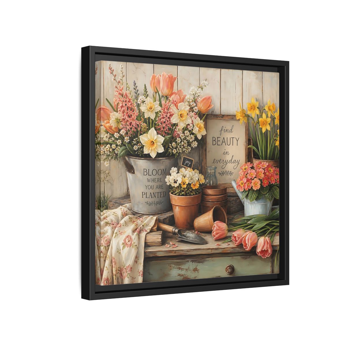 Side Mockup 15. Warm Rustic Realism Potting Bench With Spring Flowers shown as stretched canvas wall art