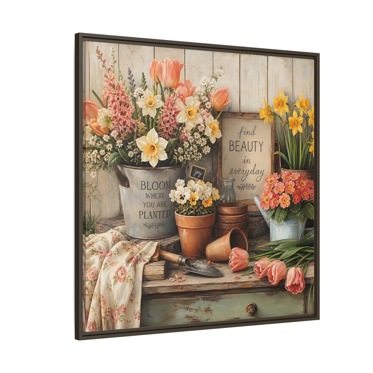 Side Mockup 5. Warm Rustic Realism Potting Bench With Spring Flowers shown as stretched canvas wall art