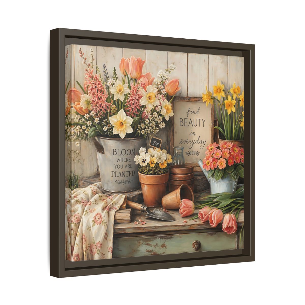 Side Mockup 29. Warm Rustic Realism Potting Bench With Spring Flowers shown as stretched canvas wall art