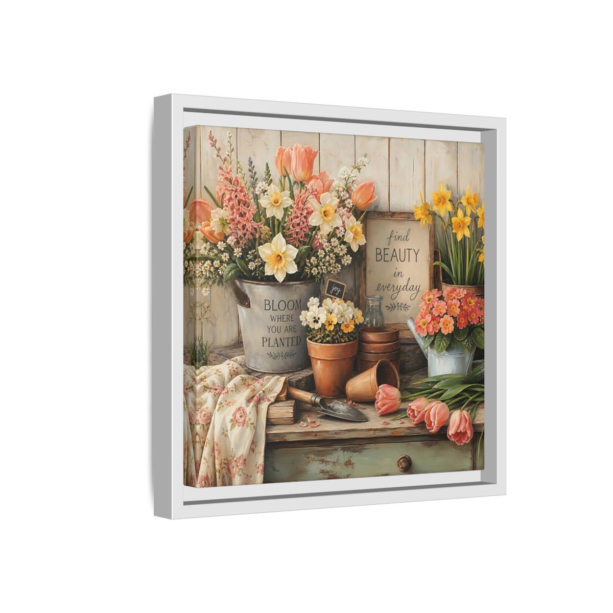 Side Mockup 16. Warm Rustic Realism Potting Bench With Spring Flowers shown as stretched canvas wall art