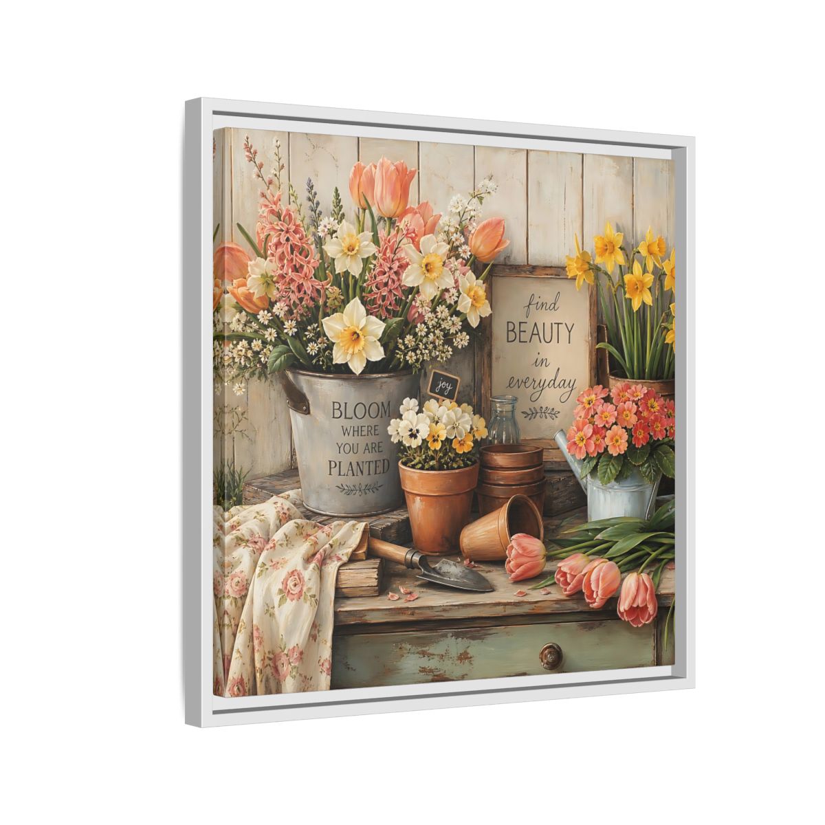 Side Mockup 10. Warm Rustic Realism Potting Bench With Spring Flowers shown as stretched canvas wall art