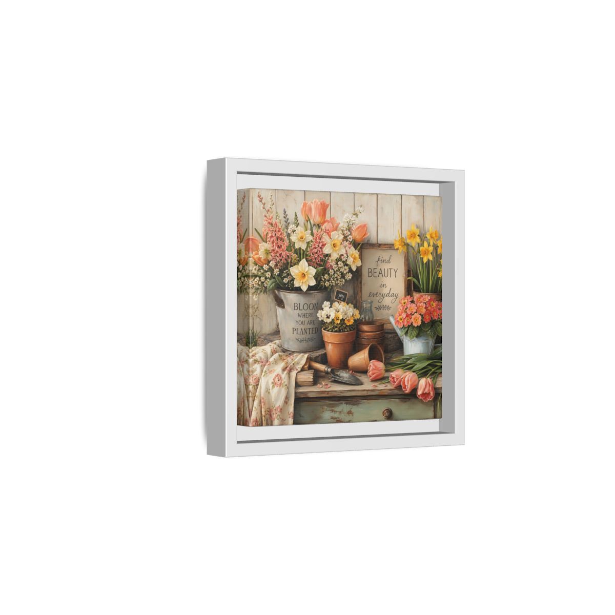 Side Mockup 1. Warm Rustic Realism Potting Bench With Spring Flowers shown as stretched canvas wall art