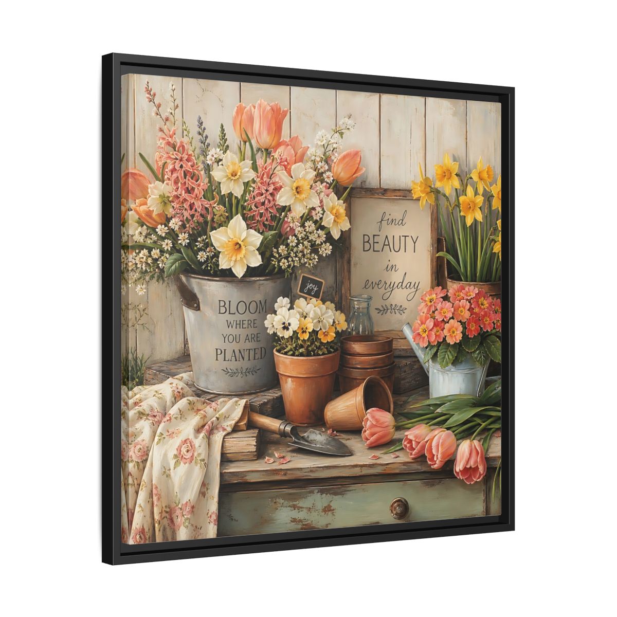 Side Mockup 31. Warm Rustic Realism Potting Bench With Spring Flowers shown as stretched canvas wall art