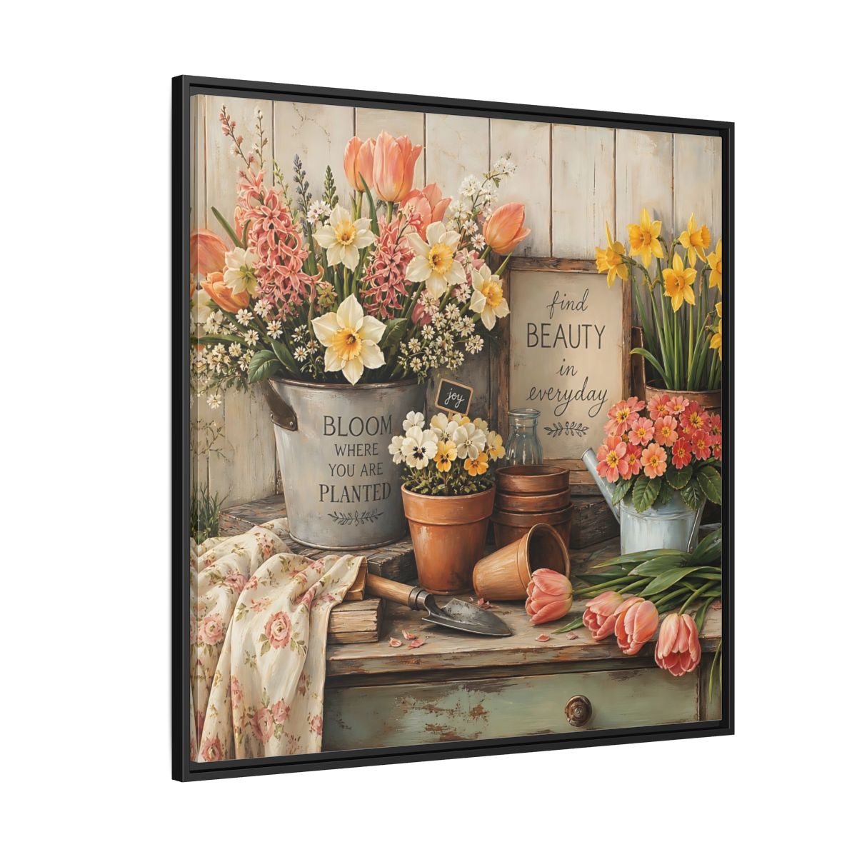 Side Mockup 6. Warm Rustic Realism Potting Bench With Spring Flowers shown as stretched canvas wall art