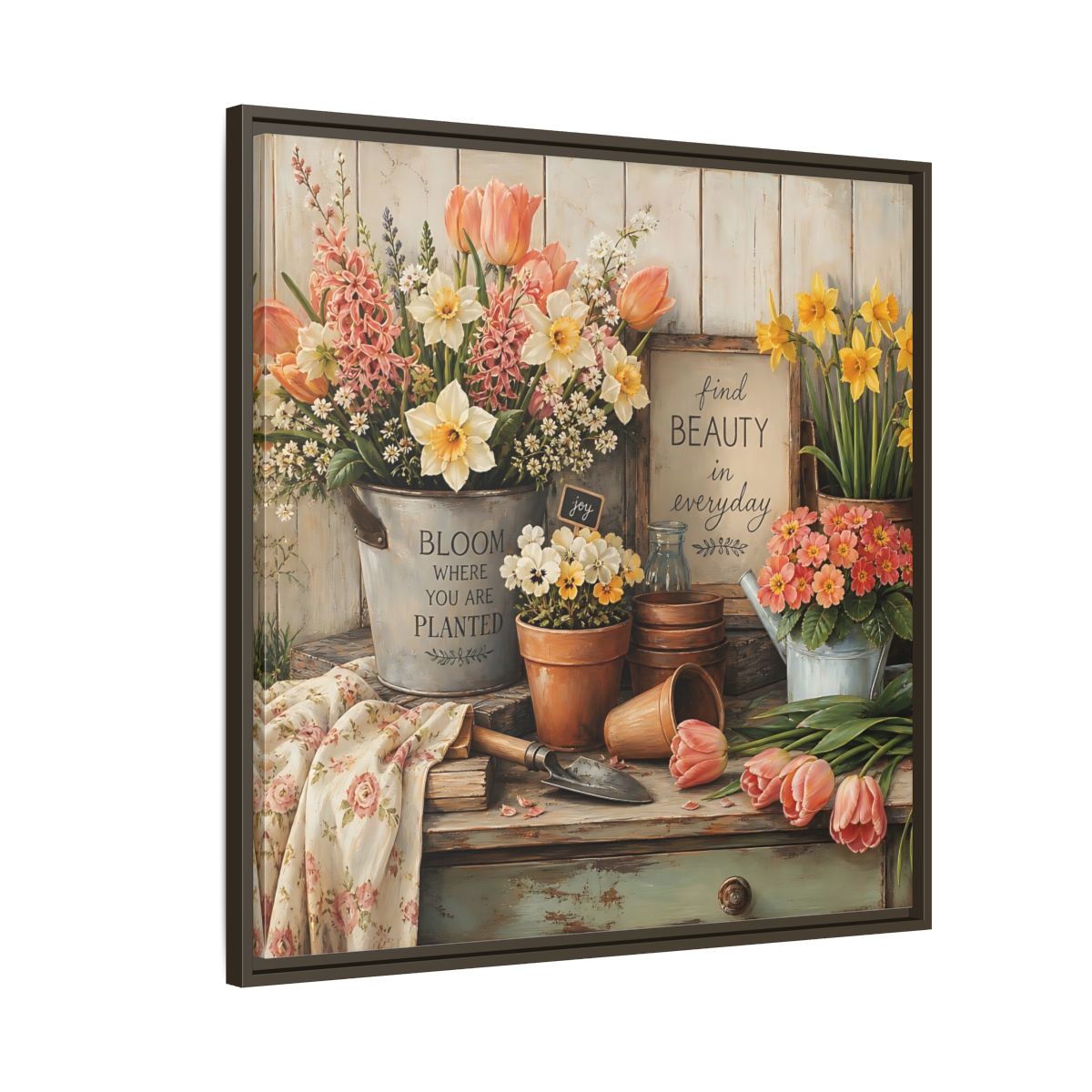 Side Mockup 8. Warm Rustic Realism Potting Bench With Spring Flowers shown as stretched canvas wall art