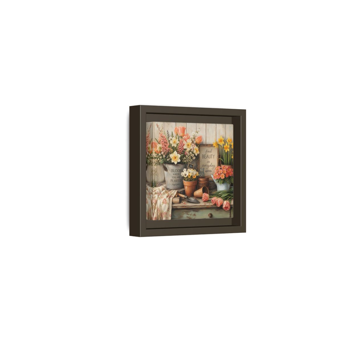 Side Mockup 23. Warm Rustic Realism Potting Bench With Spring Flowers shown as stretched canvas wall art
