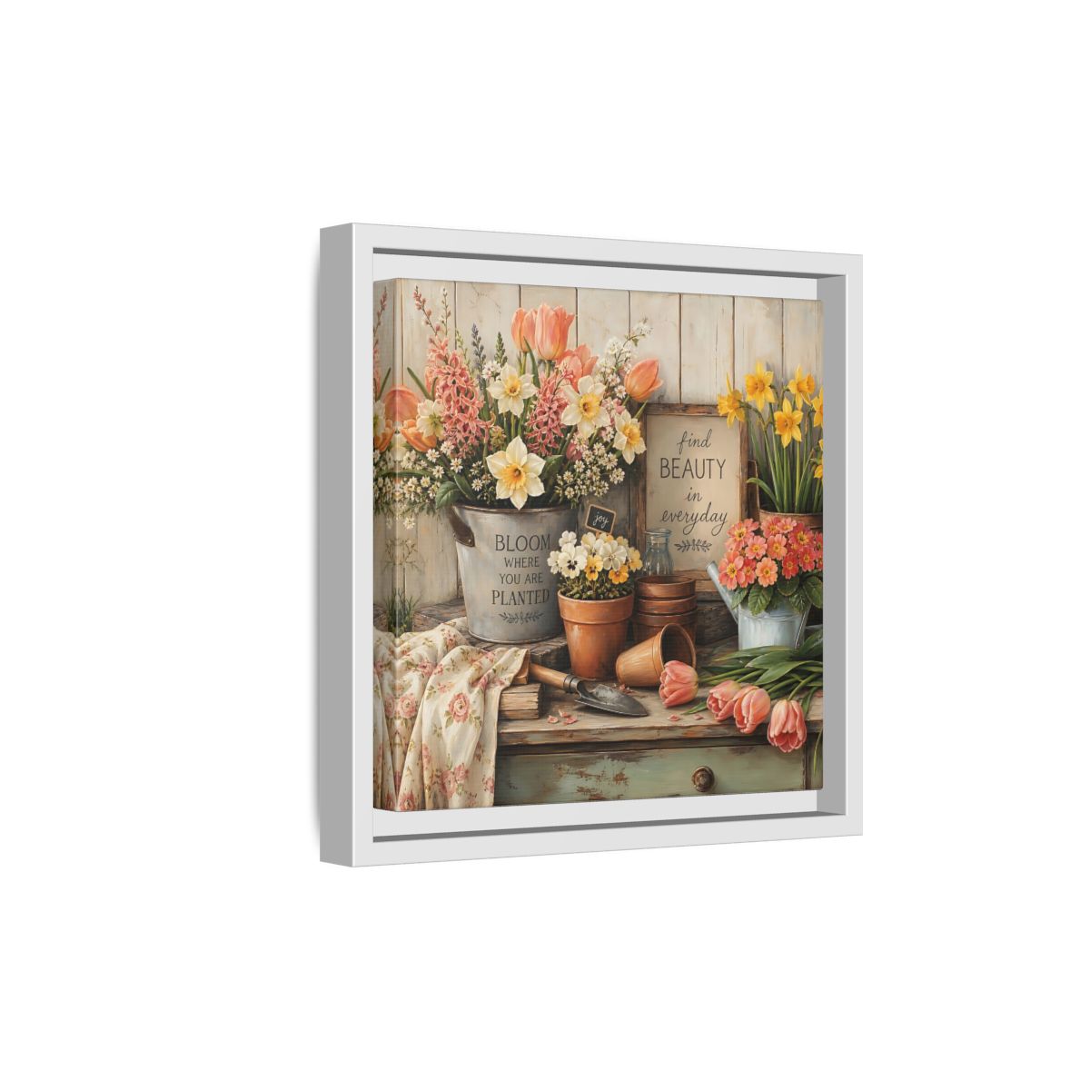 Side Mockup 19. Warm Rustic Realism Potting Bench With Spring Flowers shown as stretched canvas wall art