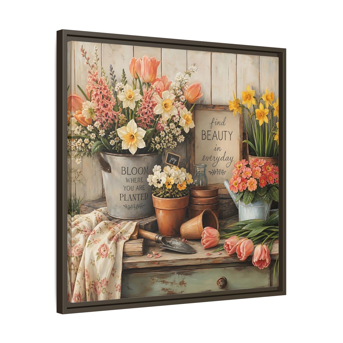 Side Mockup 27. Warm Rustic Realism Potting Bench With Spring Flowers shown as stretched canvas wall art