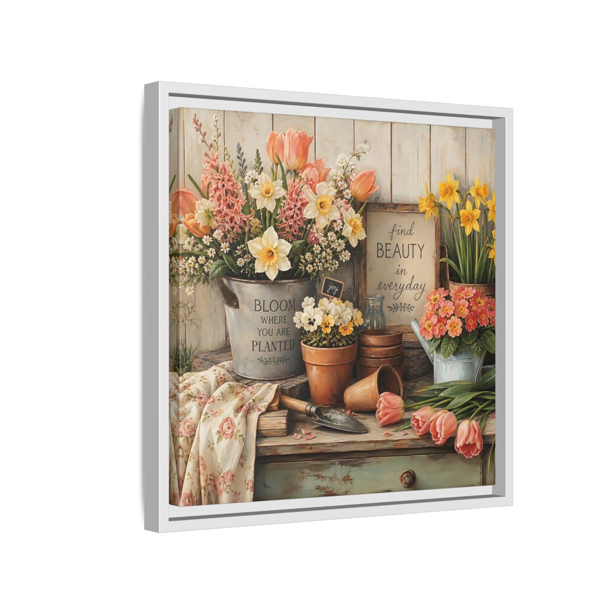 Side Mockup 13. Warm Rustic Realism Potting Bench With Spring Flowers shown as stretched canvas wall art