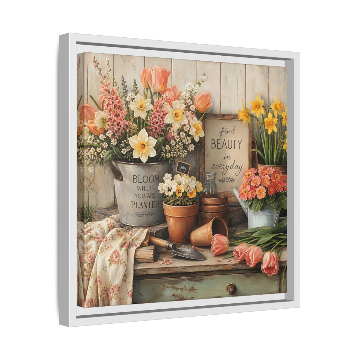 Side Mockup 28. Warm Rustic Realism Potting Bench With Spring Flowers shown as stretched canvas wall art