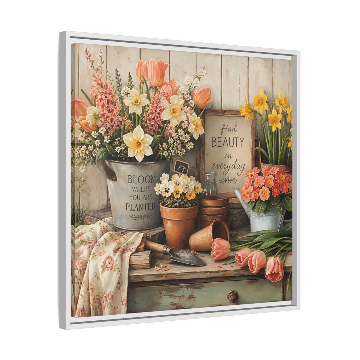 Side Mockup 26. Warm Rustic Realism Potting Bench With Spring Flowers shown as stretched canvas wall art