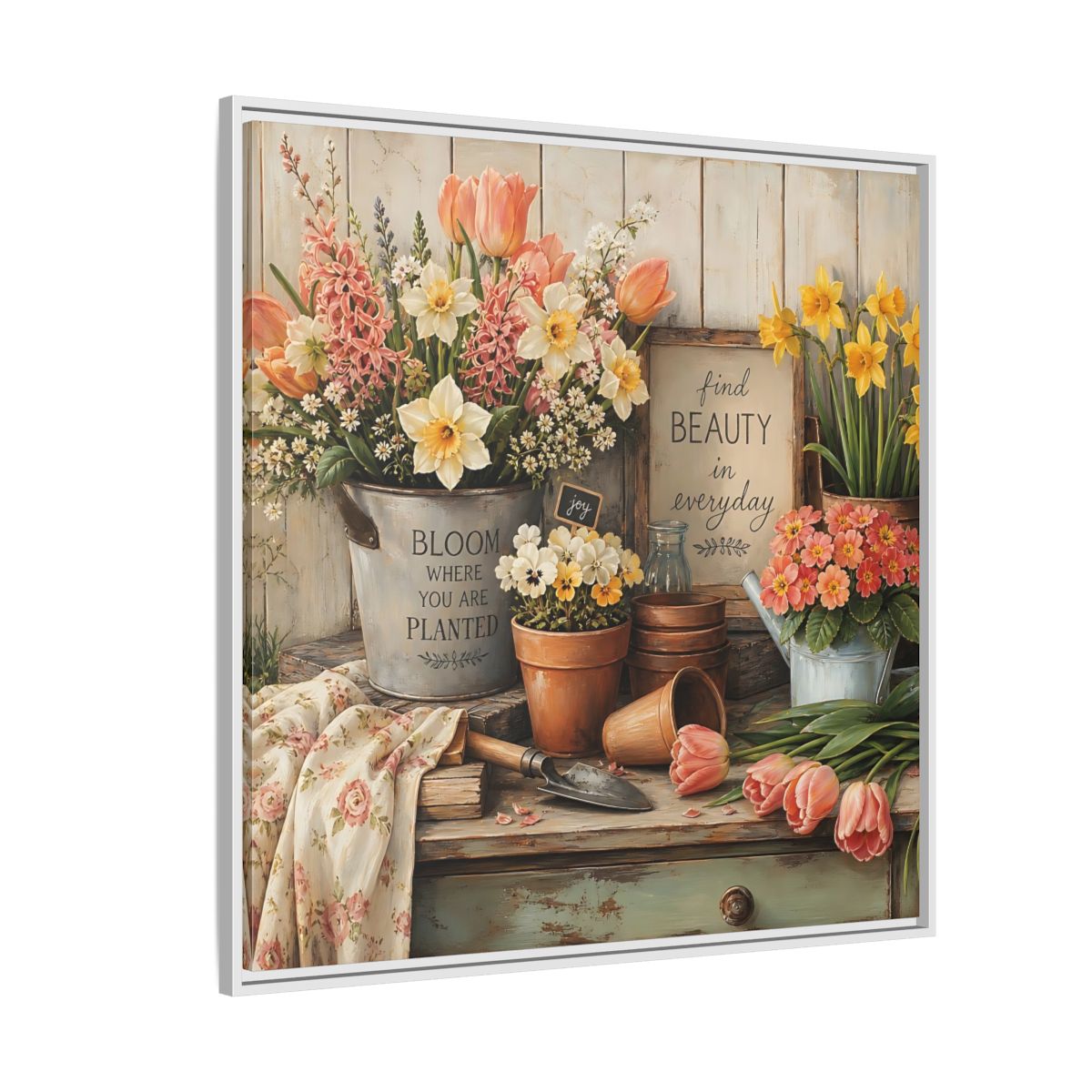 Side Mockup 4. Warm Rustic Realism Potting Bench With Spring Flowers shown as stretched canvas wall art