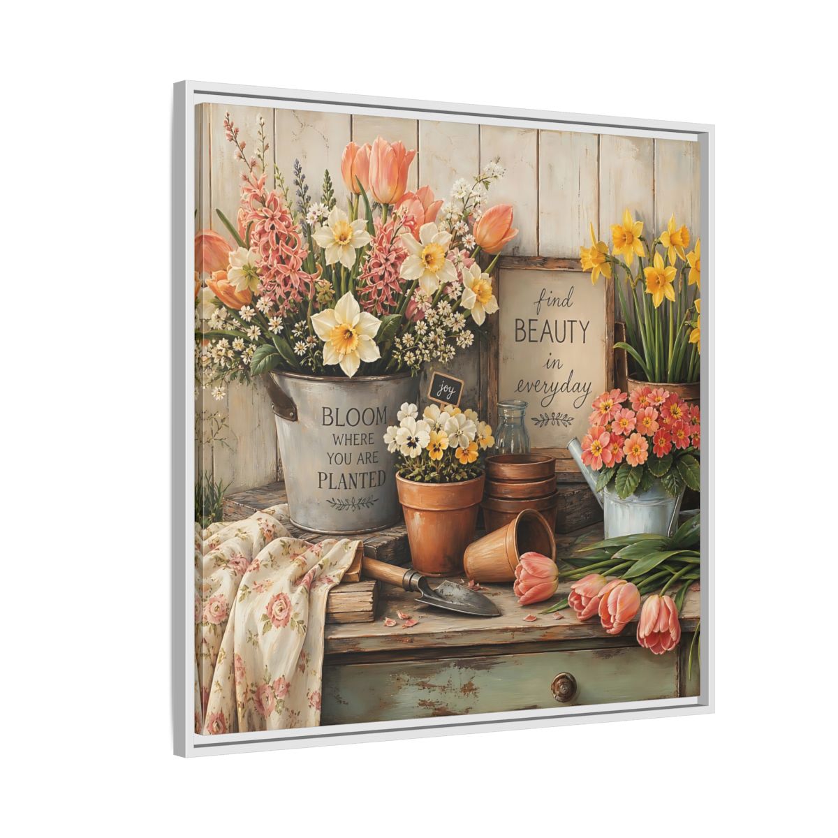 Side Mockup 7. Warm Rustic Realism Potting Bench With Spring Flowers shown as stretched canvas wall art