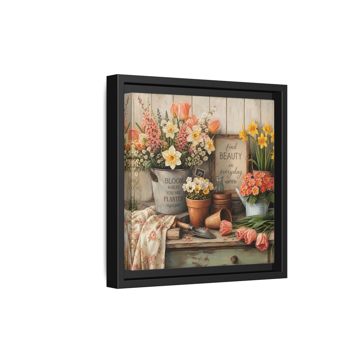 Side Mockup 21. Warm Rustic Realism Potting Bench With Spring Flowers shown as stretched canvas wall art