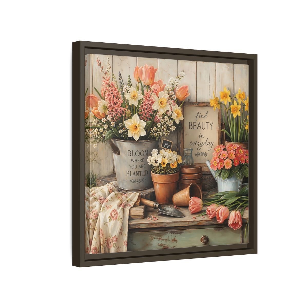 Side Mockup 14. Warm Rustic Realism Potting Bench With Spring Flowers shown as stretched canvas wall art