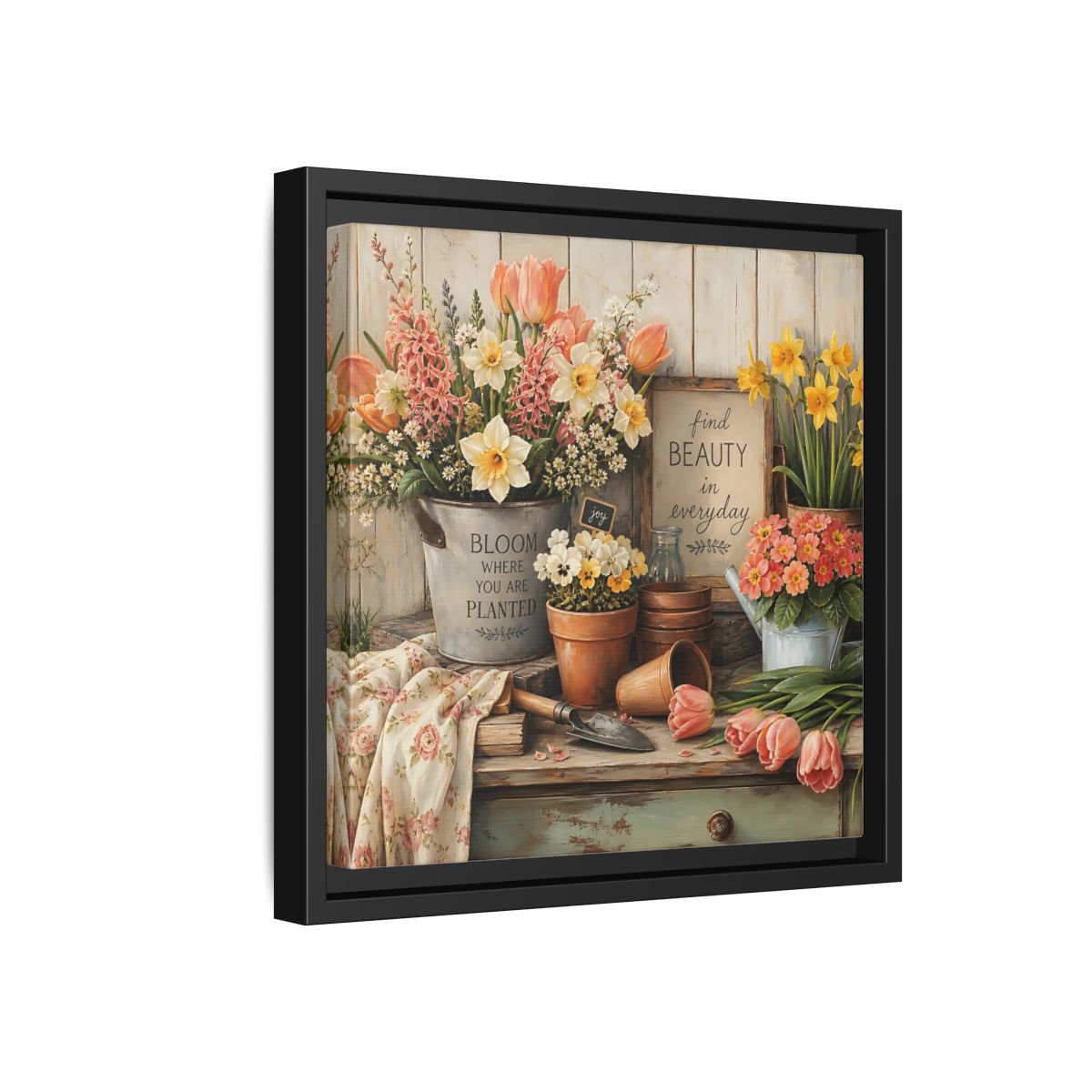 Side Mockup 18. Warm Rustic Realism Potting Bench With Spring Flowers shown as stretched canvas wall art