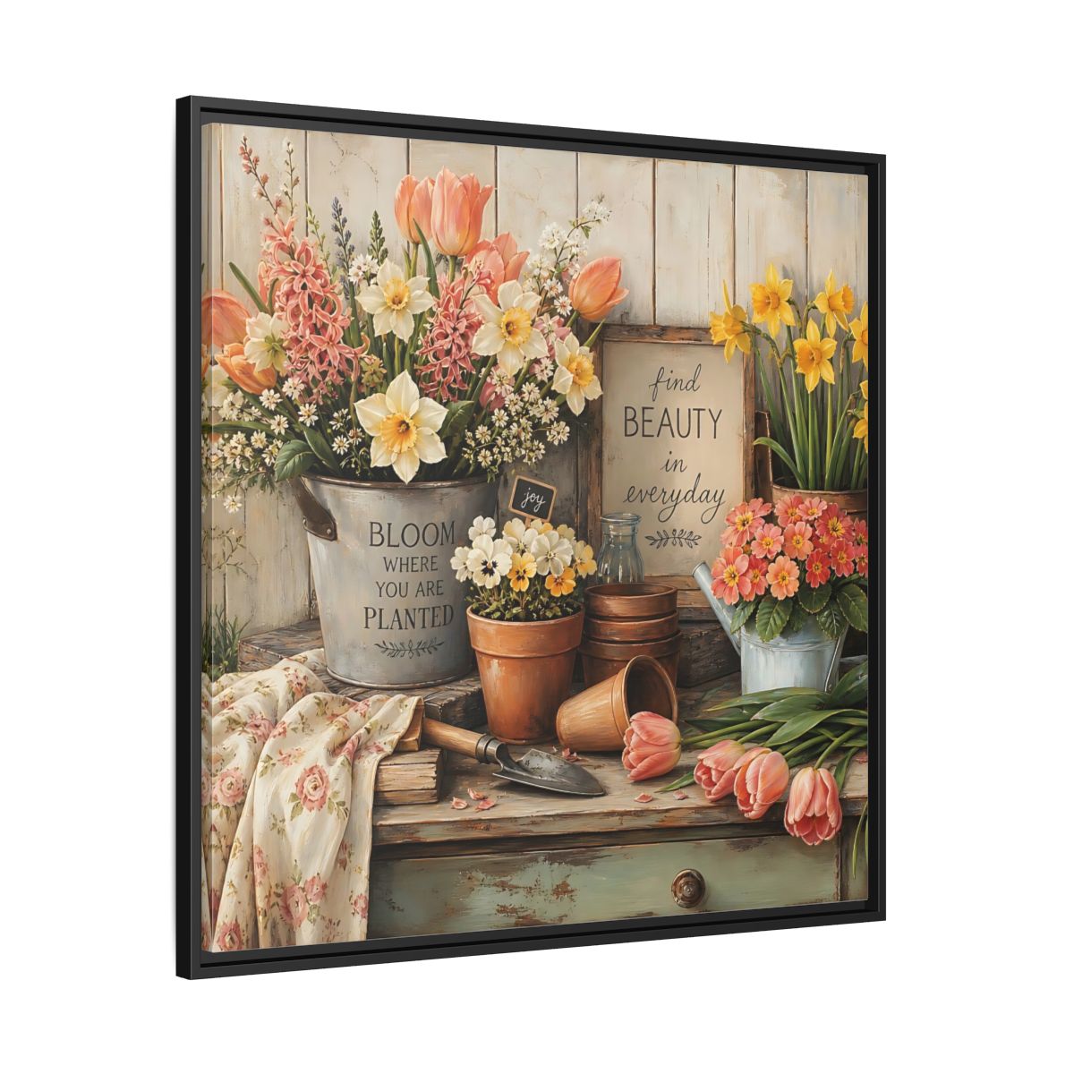 Side Mockup 30. Warm Rustic Realism Potting Bench With Spring Flowers shown as stretched canvas wall art