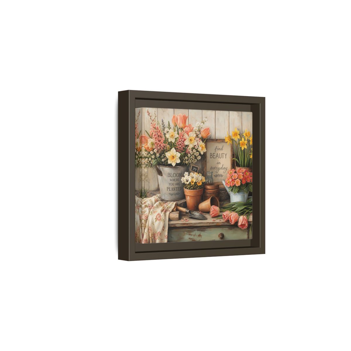 Side Mockup 2. Warm Rustic Realism Potting Bench With Spring Flowers shown as stretched canvas wall art