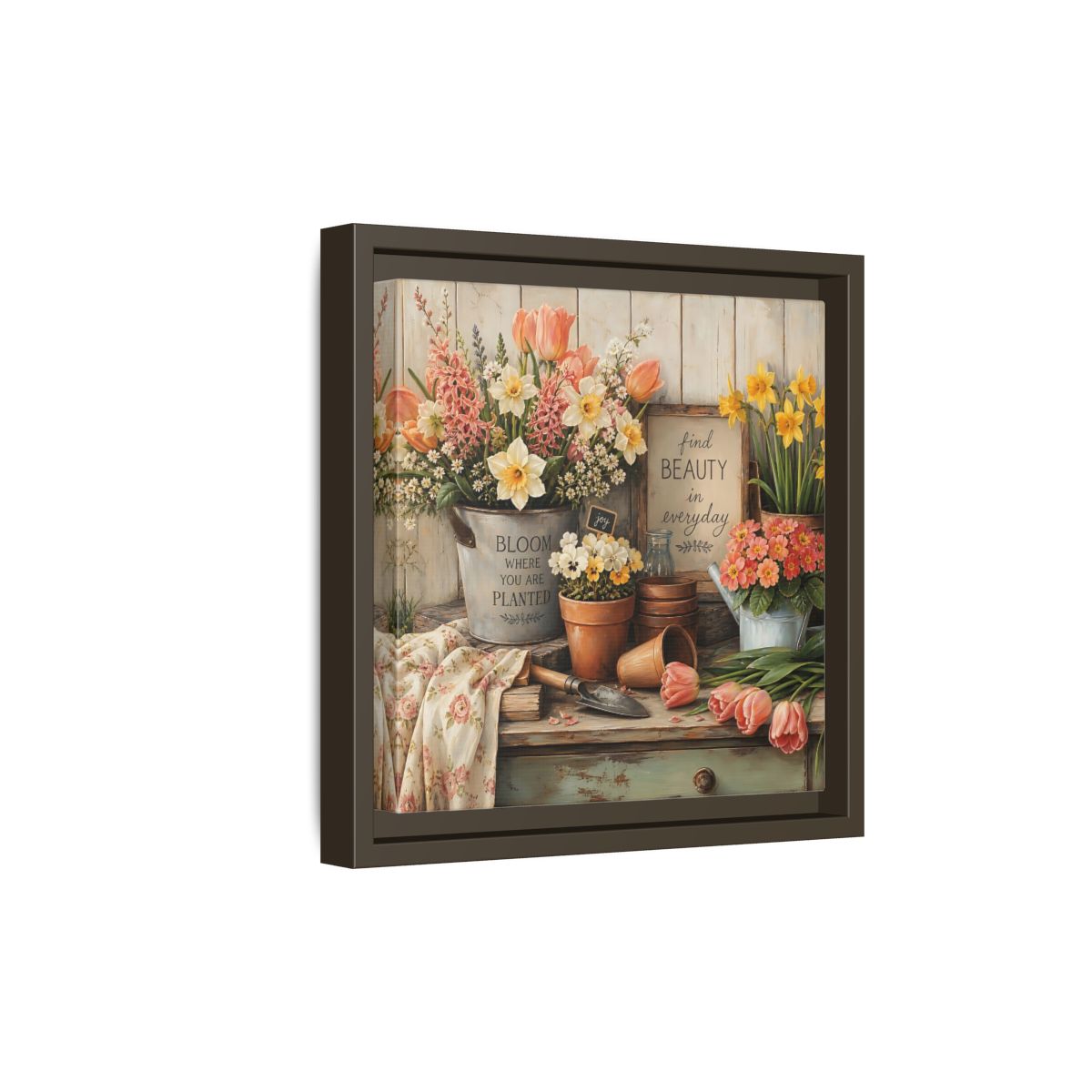 Side Mockup 20. Warm Rustic Realism Potting Bench With Spring Flowers shown as stretched canvas wall art