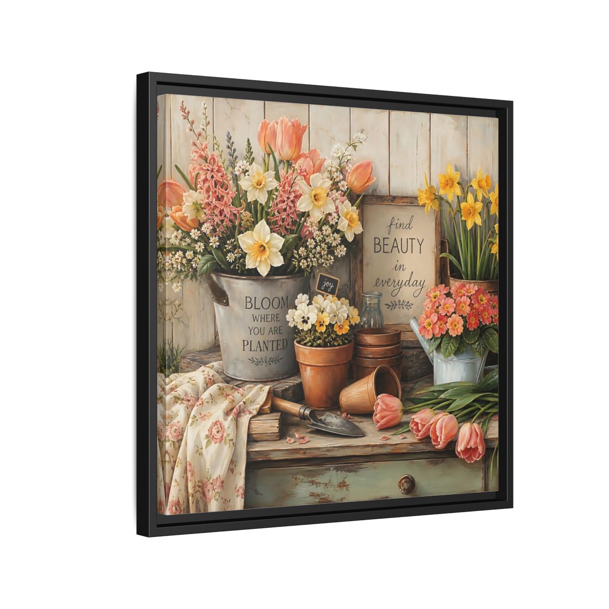 Side Mockup 12. Warm Rustic Realism Potting Bench With Spring Flowers shown as stretched canvas wall art