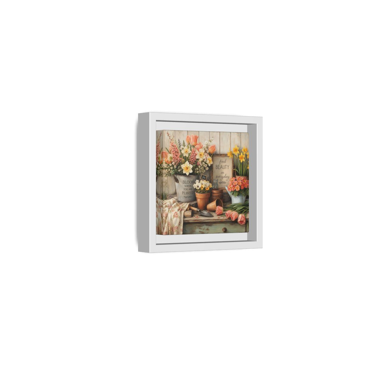 Side Mockup 22. Warm Rustic Realism Potting Bench With Spring Flowers shown as stretched canvas wall art