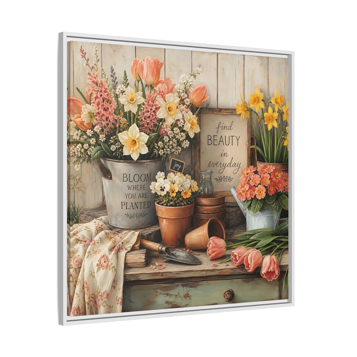 Side Mockup 25. Warm Rustic Realism Potting Bench With Spring Flowers shown as stretched canvas wall art