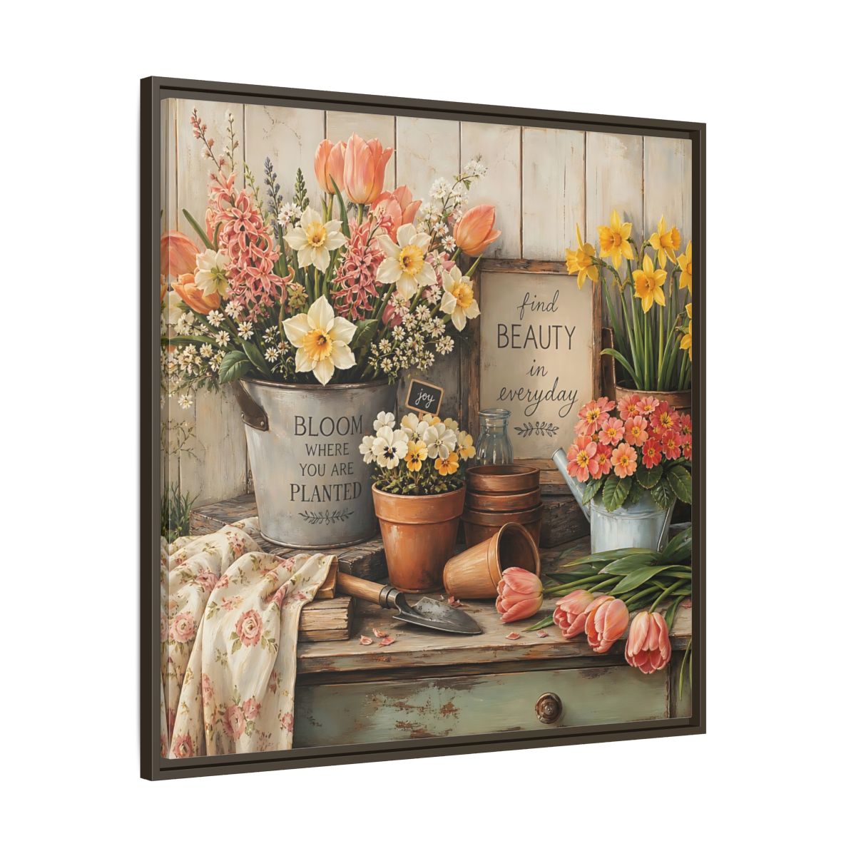Main Mockup. Warm Rustic Realism Potting Bench With Spring Flowers shown as stretched canvas wall art