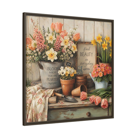 Main Mockup. Warm Rustic Realism Potting Bench With Spring Flowers shown as stretched canvas wall art