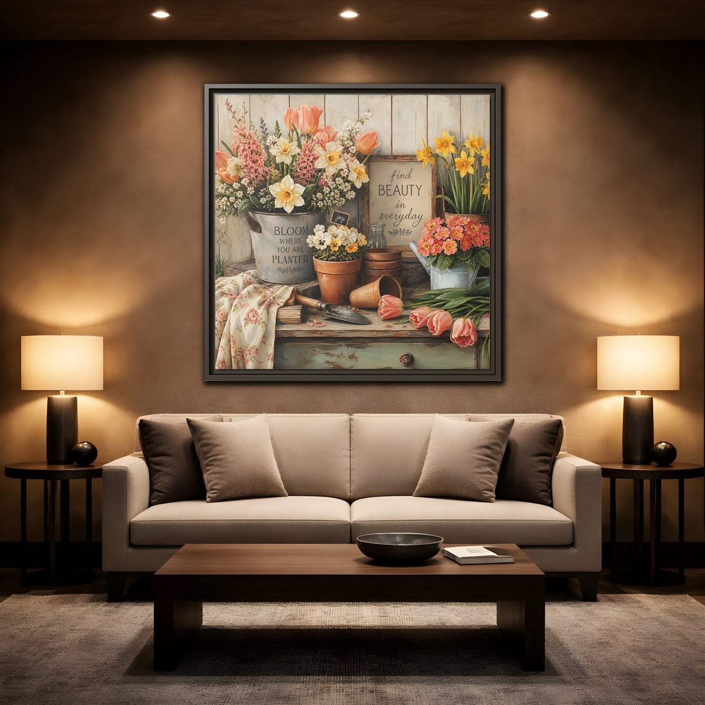 Mockup 2. Warm Rustic Realism Potting Bench With Spring Flowers shown as stretched canvas wall art