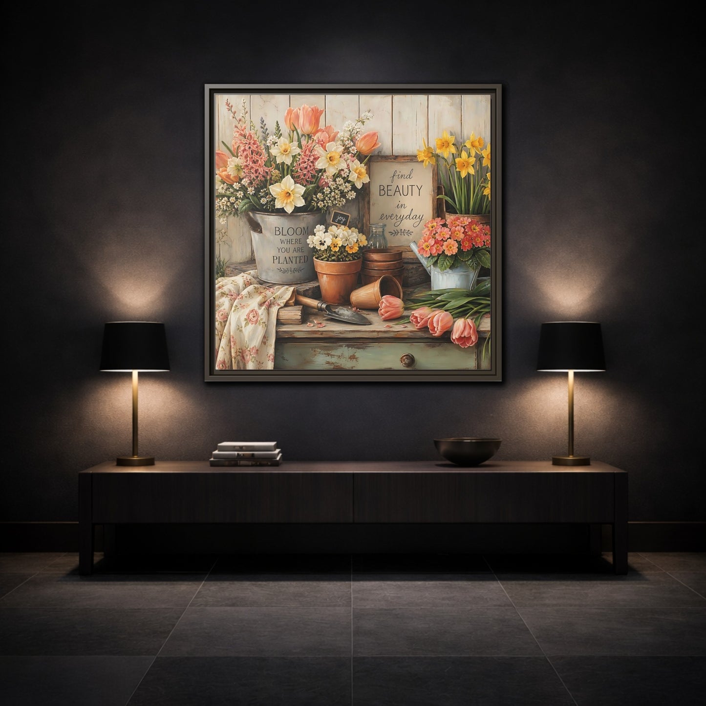 Mockup 3. Warm Rustic Realism Potting Bench With Spring Flowers shown as stretched canvas wall art