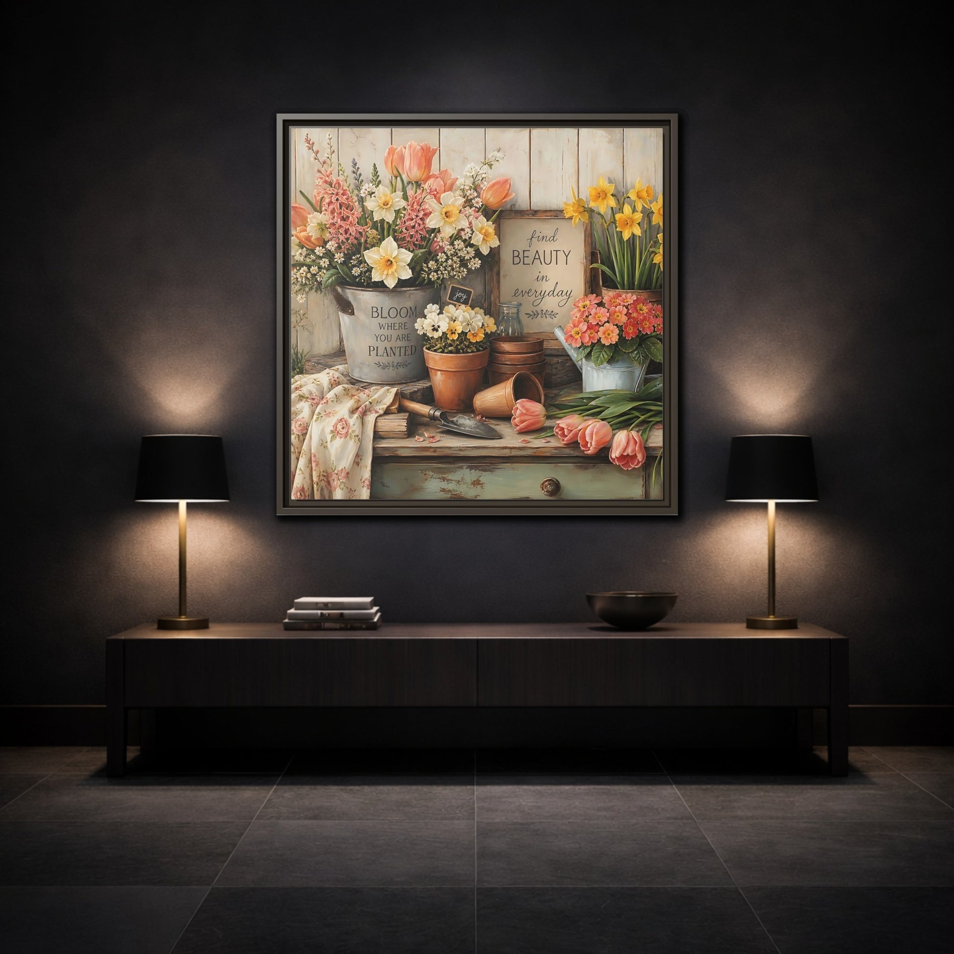 Mockup 3. Warm Rustic Realism Potting Bench With Spring Flowers shown as stretched canvas wall art