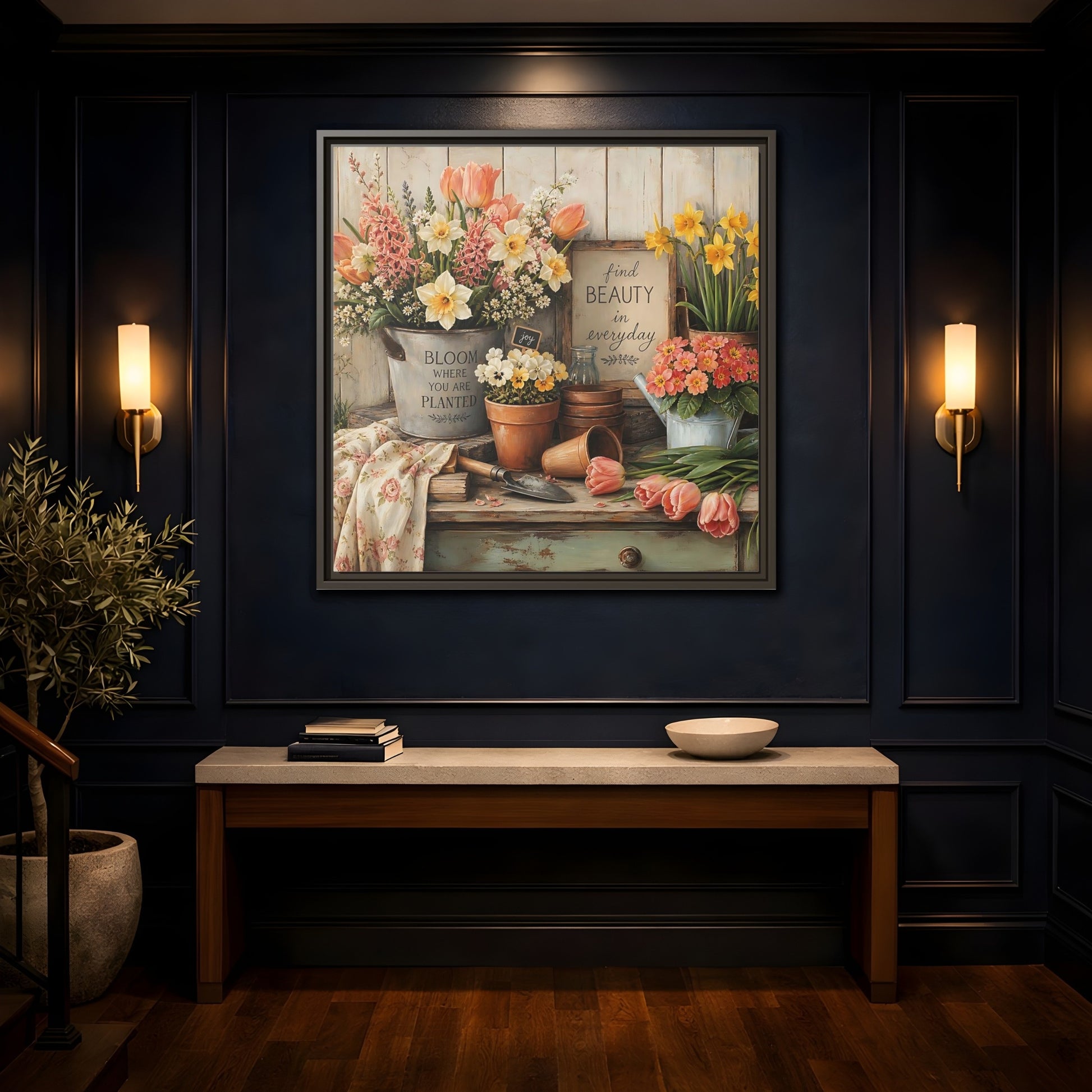 Mockup 4. Warm Rustic Realism Potting Bench With Spring Flowers shown as stretched canvas wall art
