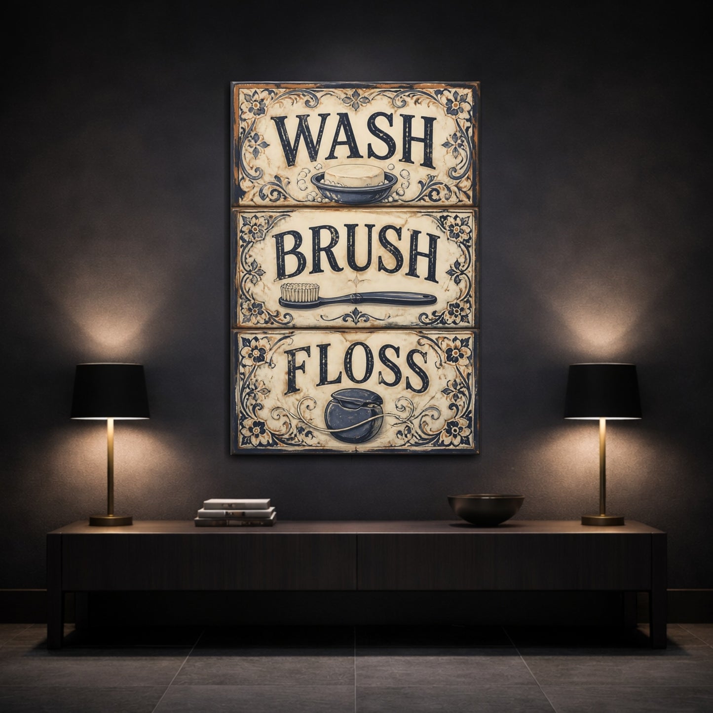 Mockup 3. Wash Brush Floss Quote Sign shown as canvas print