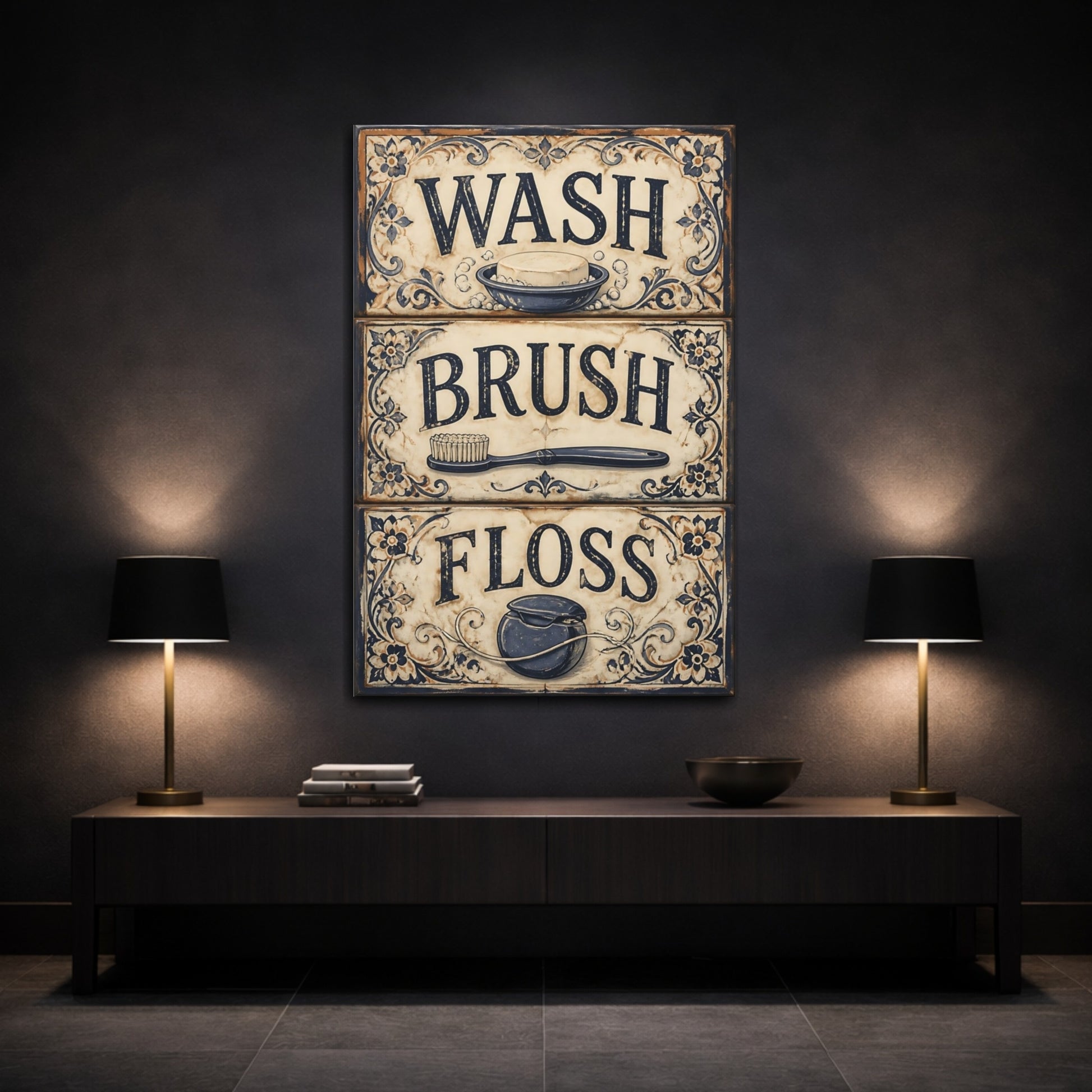 Mockup 3. Wash Brush Floss Quote Sign shown as canvas print
