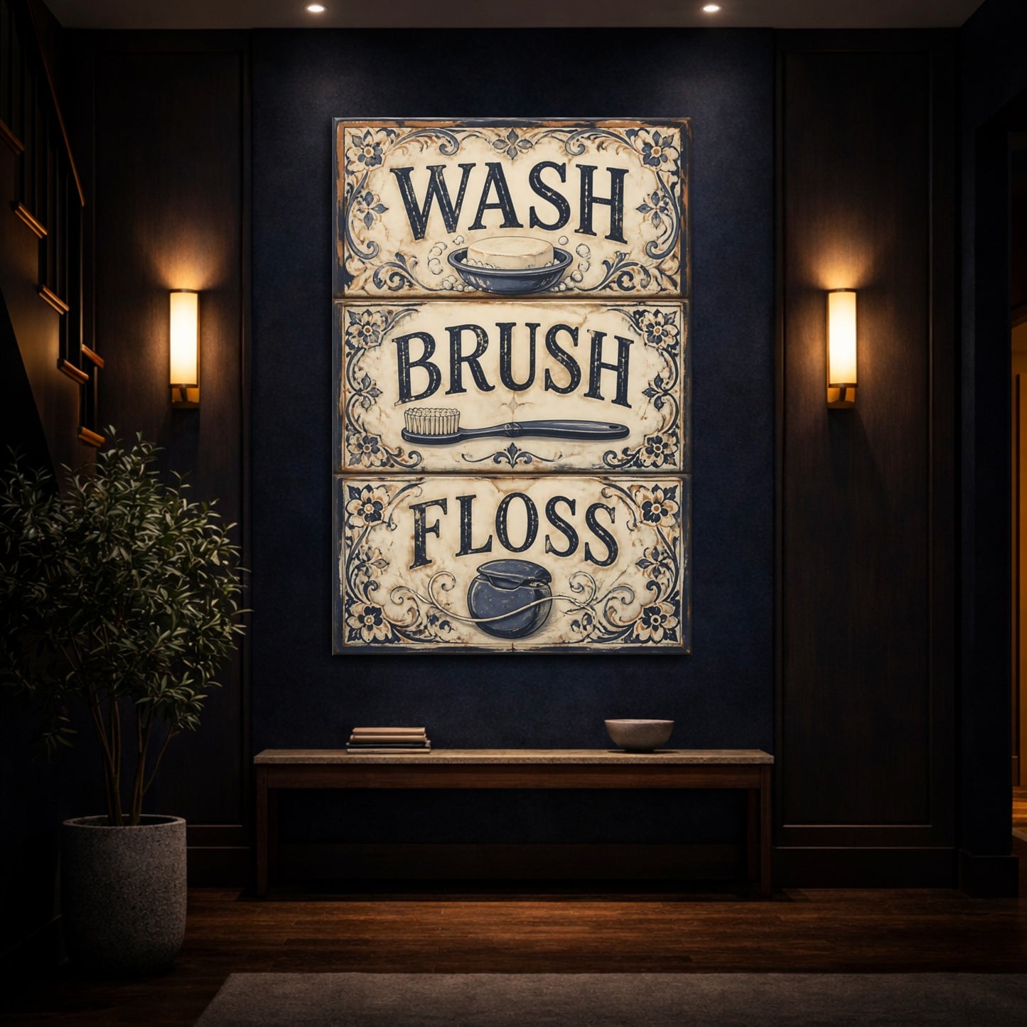 Mockup 4. Wash Brush Floss Quote Sign shown as canvas print