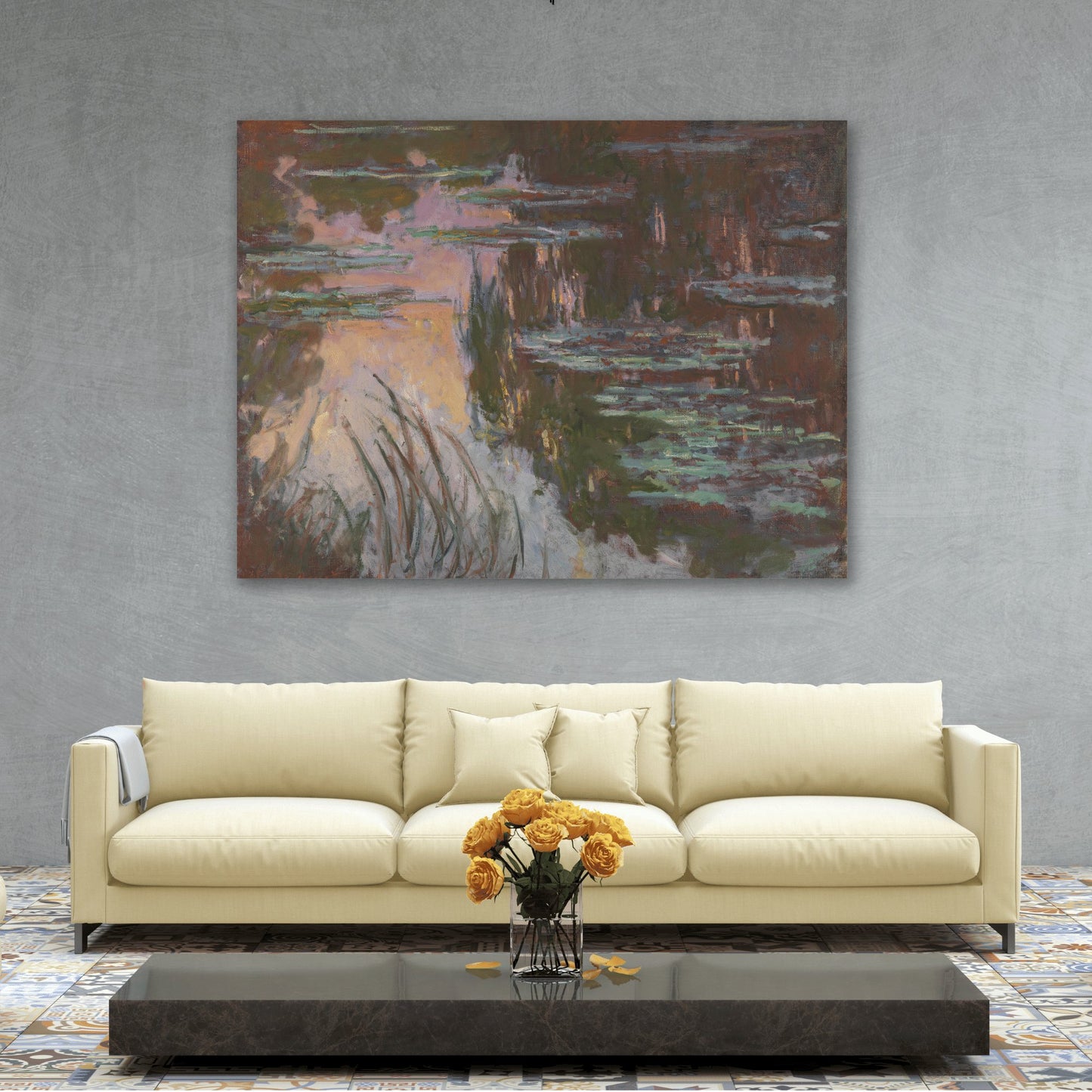 Water Lilies Setting Sun Modern Canvas Print - Famous Impressionist Monet Wall Art Prints