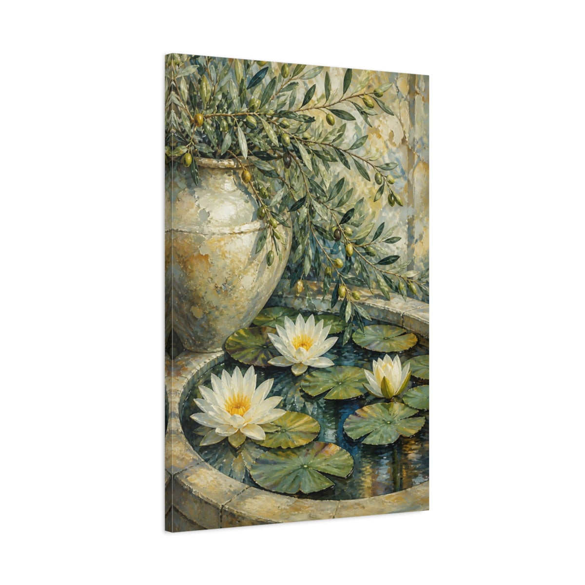 Main Mockup. Water Lily Flowers With Olive Branch shown as canvas print