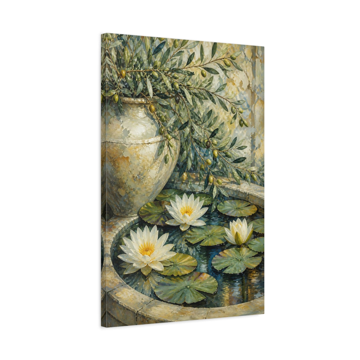 Side Mockup 2. Water Lily Flowers With Olive Branch shown as canvas print
