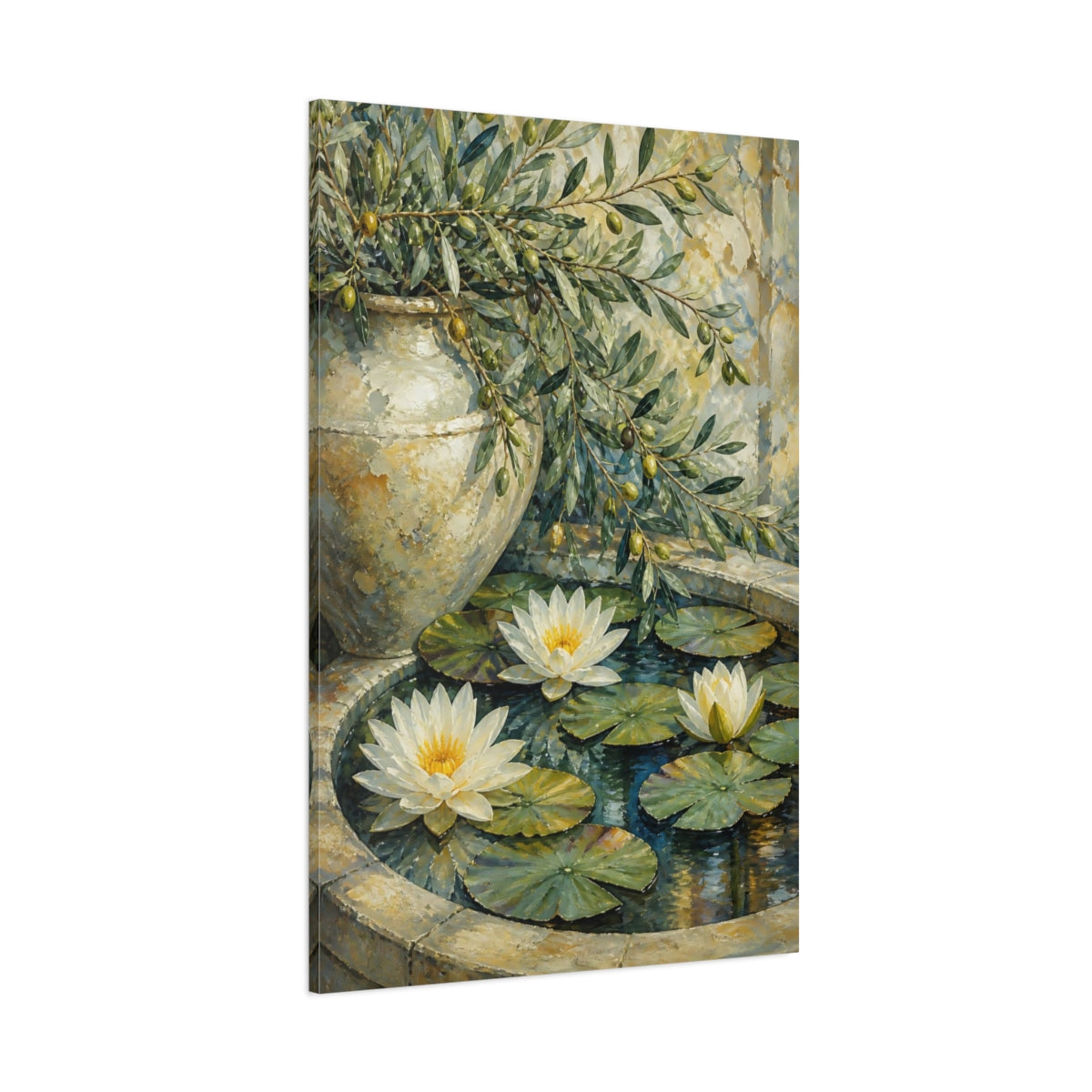 Side Mockup 1. Water Lily Flowers With Olive Branch shown as canvas print