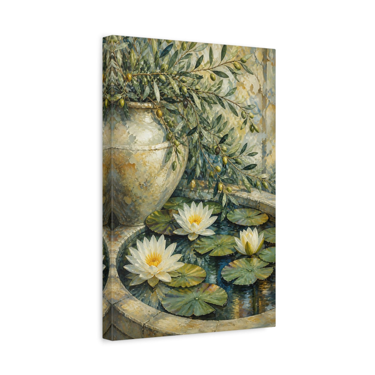 Side Mockup 4. Water Lily Flowers With Olive Branch shown as canvas print
