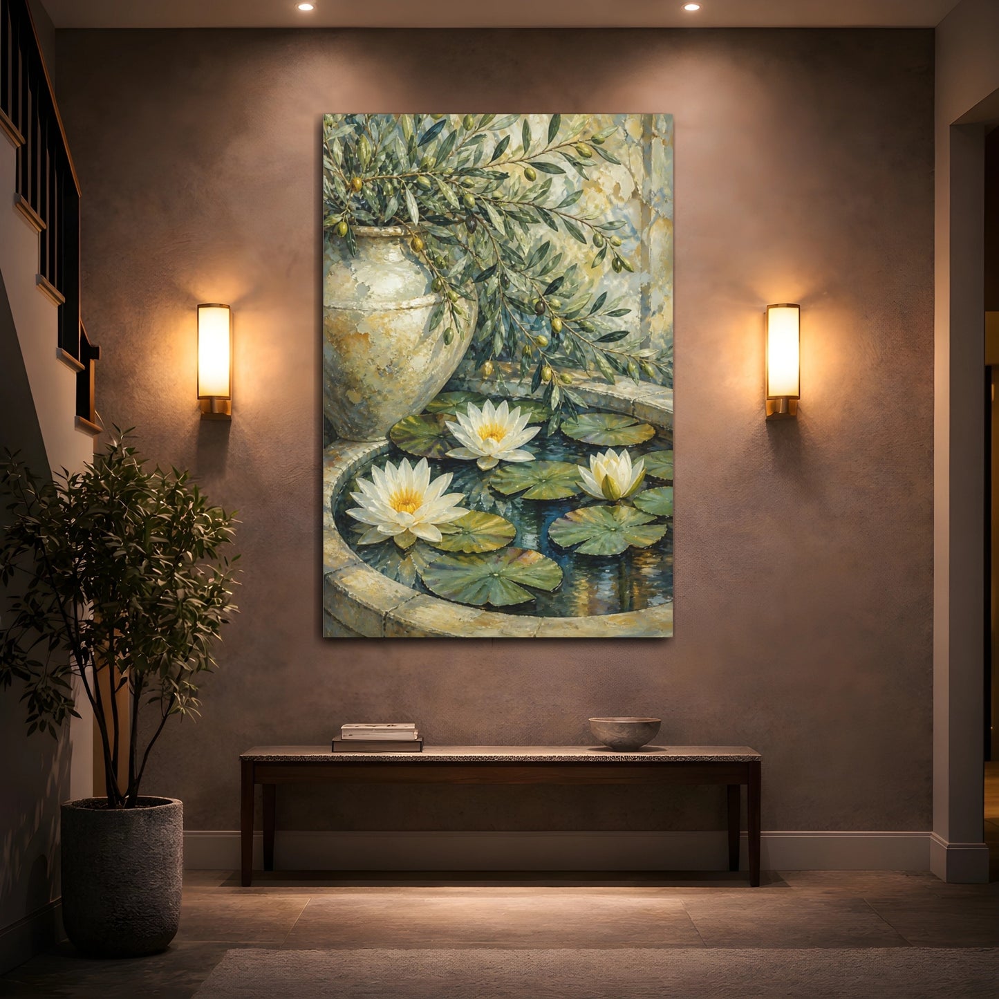 Mockup 2. Water Lily Flowers With Olive Branch shown as canvas print