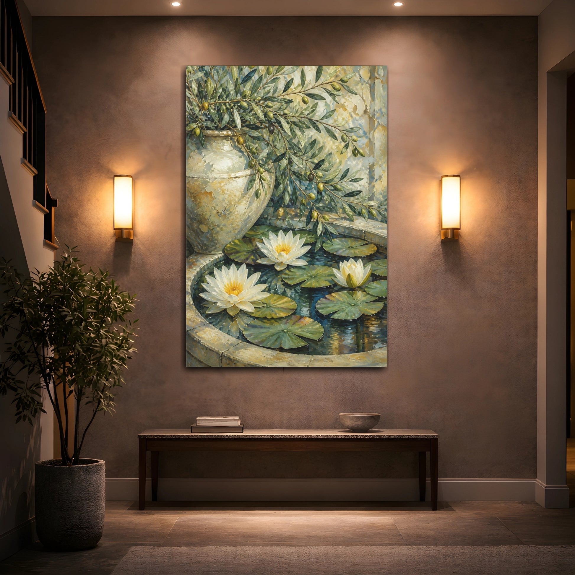 Mockup 2. Water Lily Flowers With Olive Branch shown as canvas print
