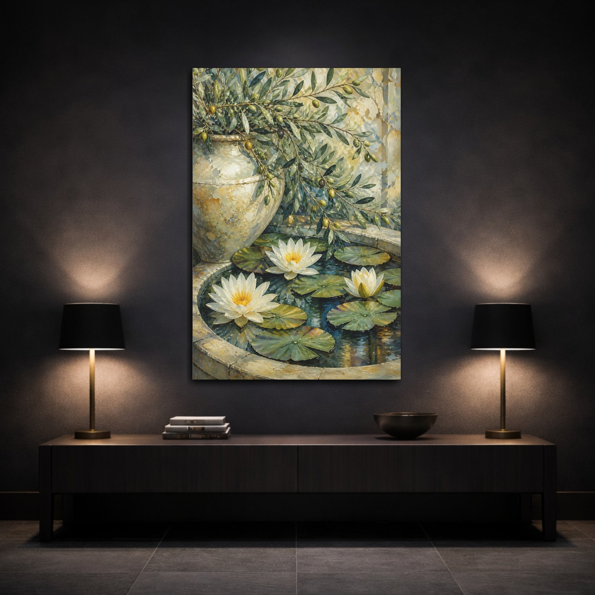 Mockup 3. Water Lily Flowers With Olive Branch shown as canvas print