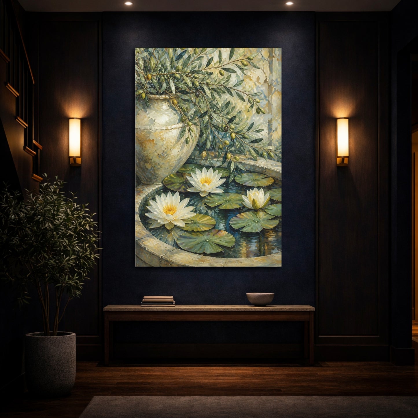 Mockup 4. Water Lily Flowers With Olive Branch shown as canvas print
