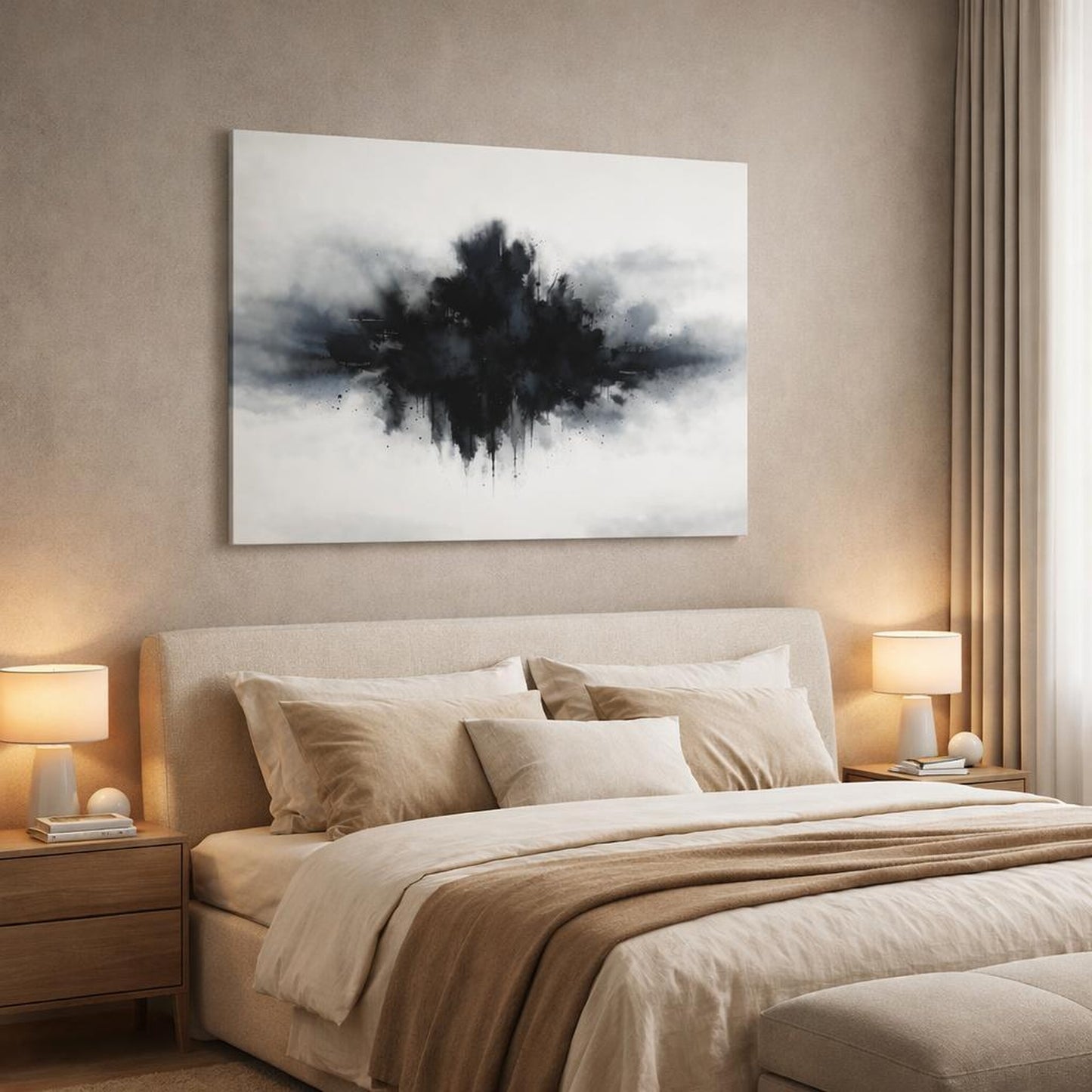 Watercolor Abstract Black shown as canvas wall art in a luxury bedroom
