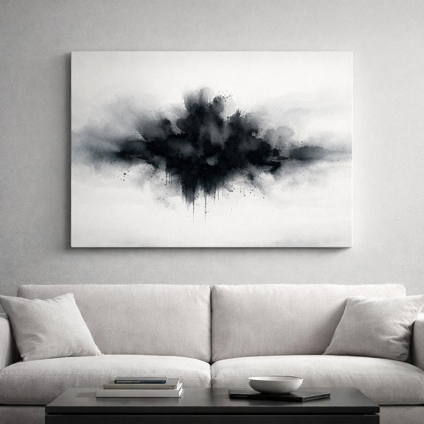 Watercolor Abstract Black shown as canvas wall art in a luxury executive office