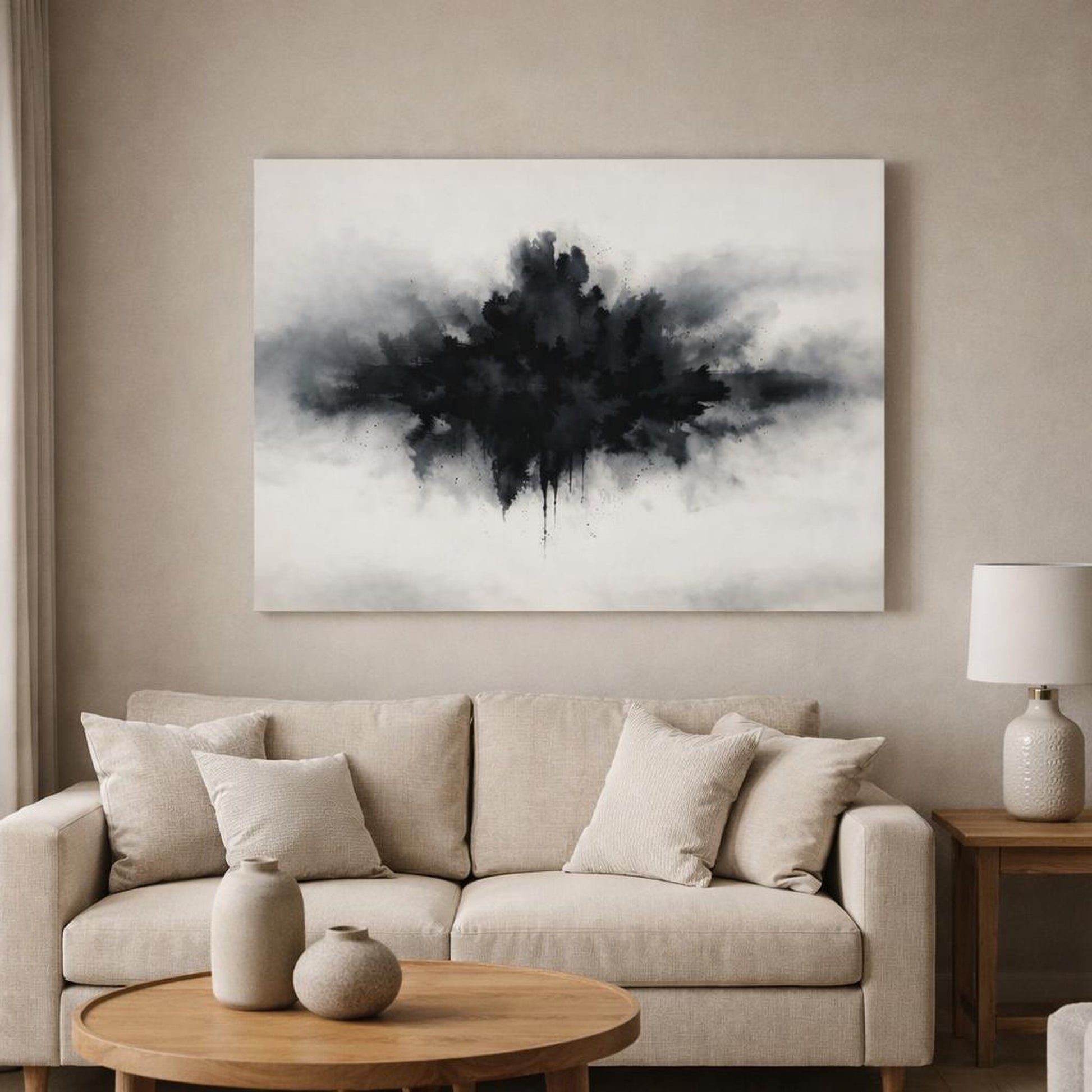 Watercolor Abstract Black shown as canvas wall art in a modern living room