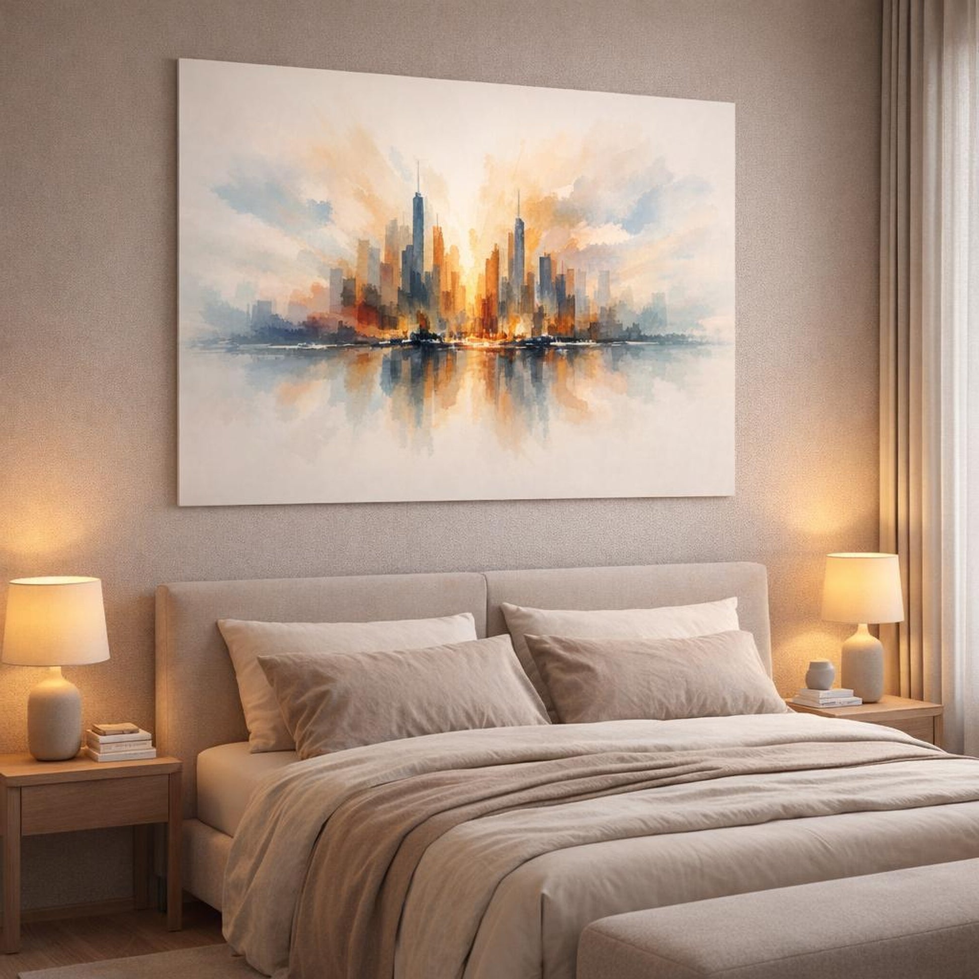 Watercolor Abstract Urban Skyline shown as canvas wall art in a luxury bedroom