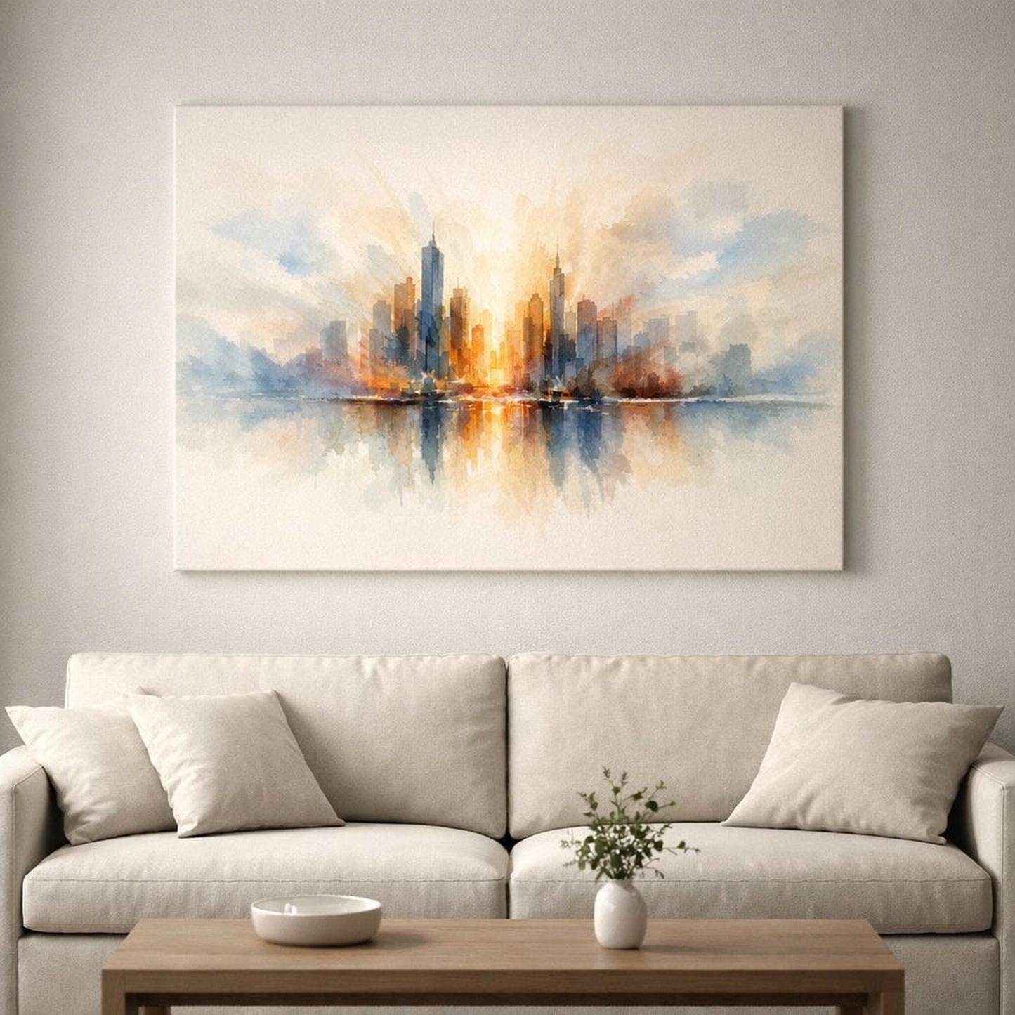 Watercolor Abstract Urban Skyline shown as canvas wall art in a luxury executive office