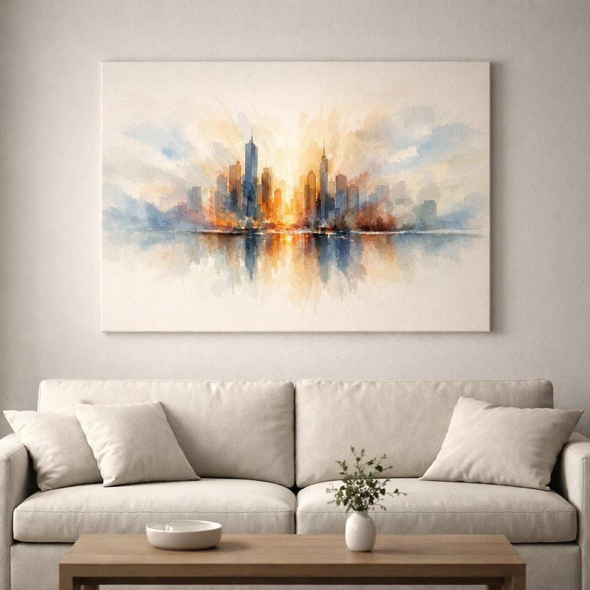 Watercolor Abstract Urban Skyline shown as canvas wall art in a luxury executive office